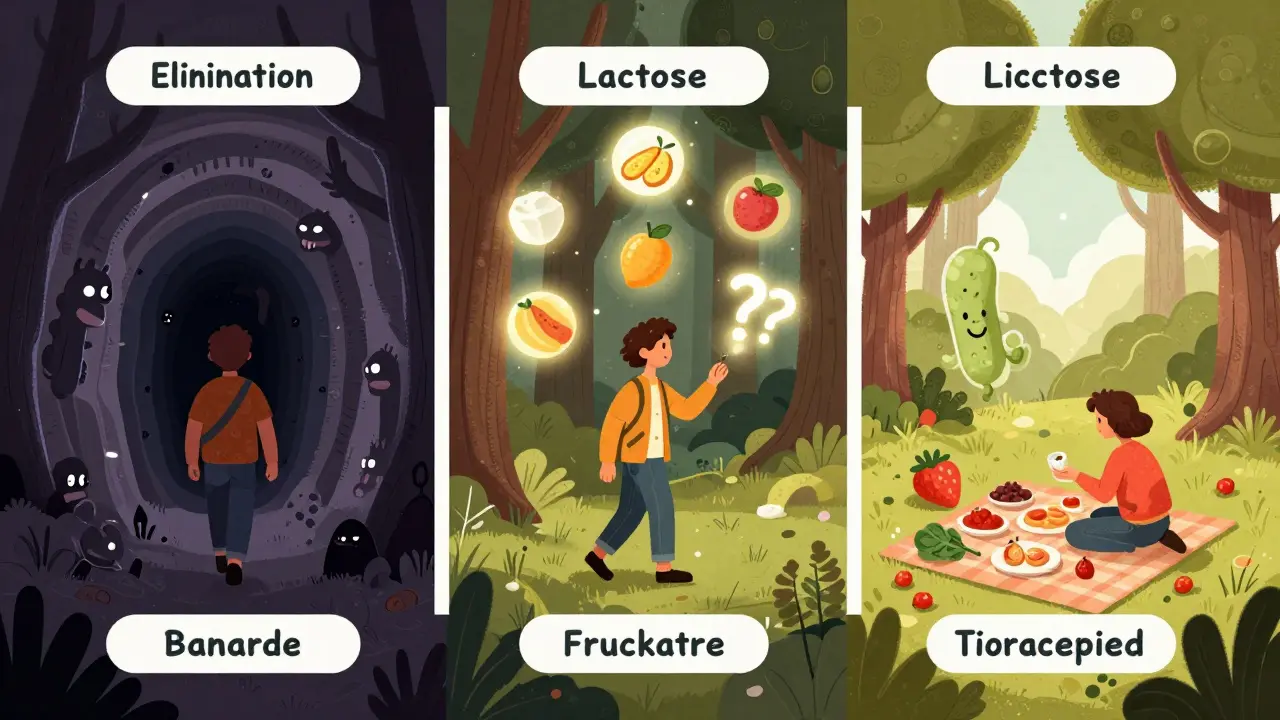 Three-phase journey through a magical forest representing elimination, testing, and personalization of FODMAP diet
