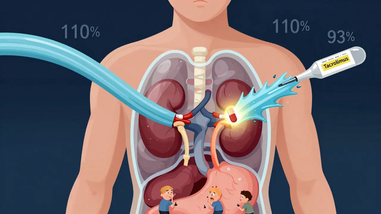 Transparent human body with tacrolimus generics flowing unevenly into a transplanted kidney.