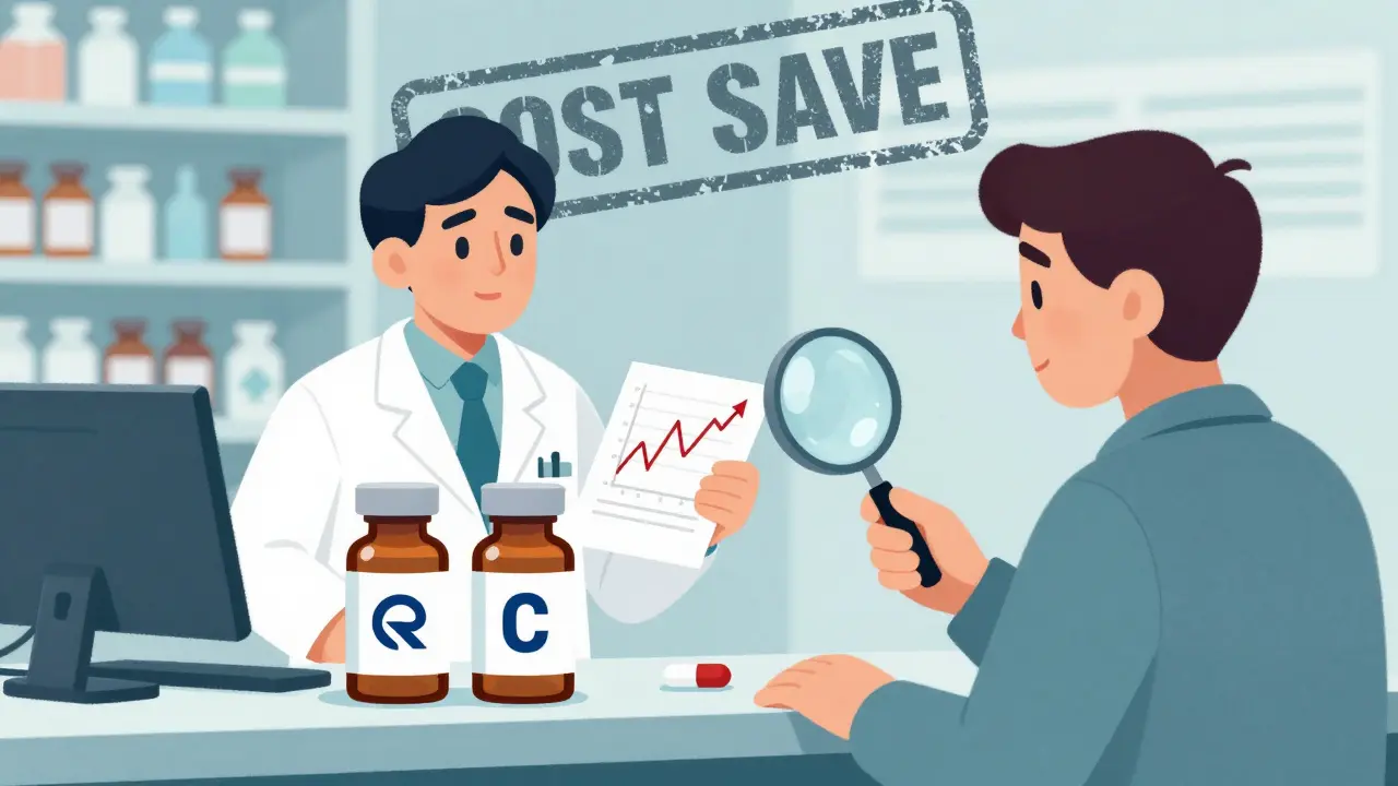 Two generic pills at a pharmacy counter with conflicting blood level graphs above.