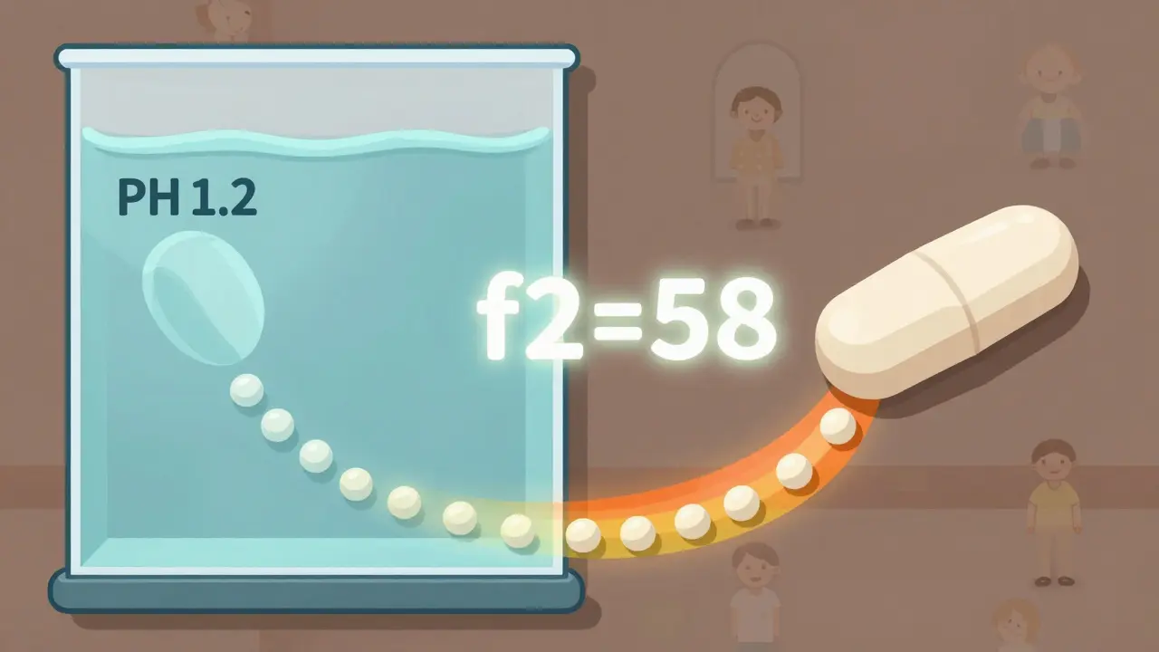 Two pills dissolving side by side with matching curves, connected by a glowing f2 similarity score.