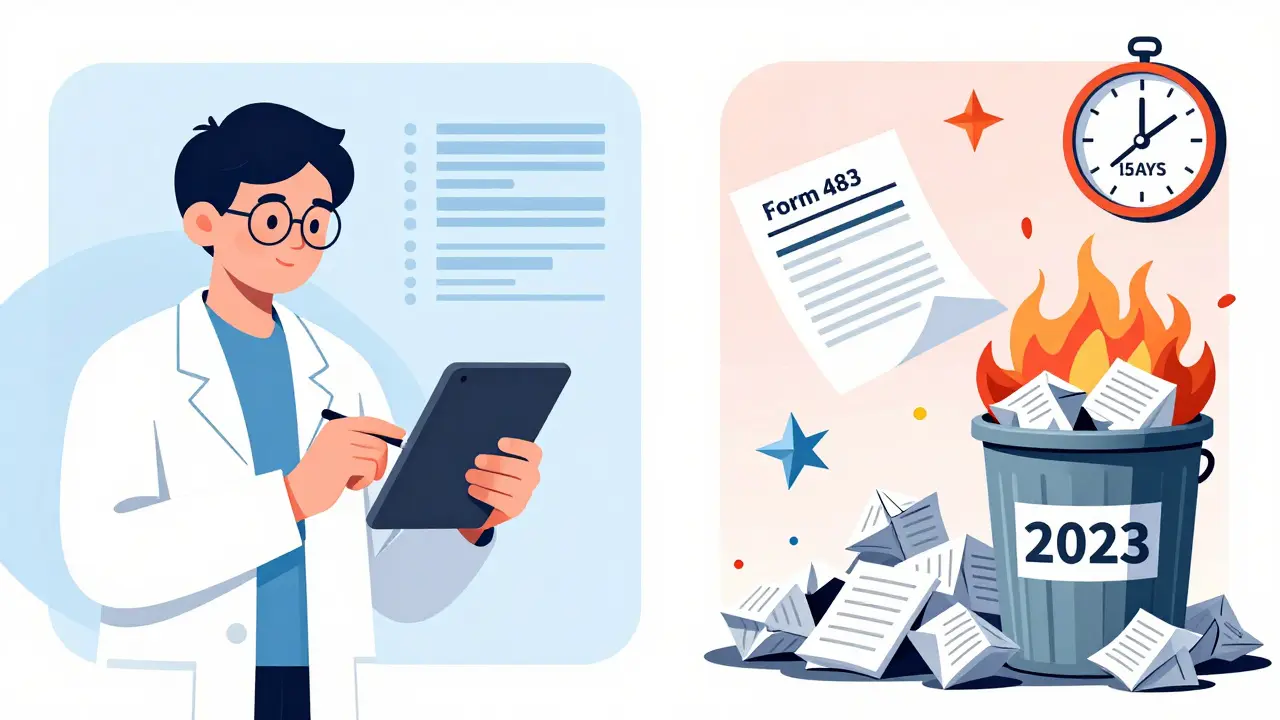 Worker timestamping digital records while paper logs burn, with a Form 483 and 15-day countdown visible.