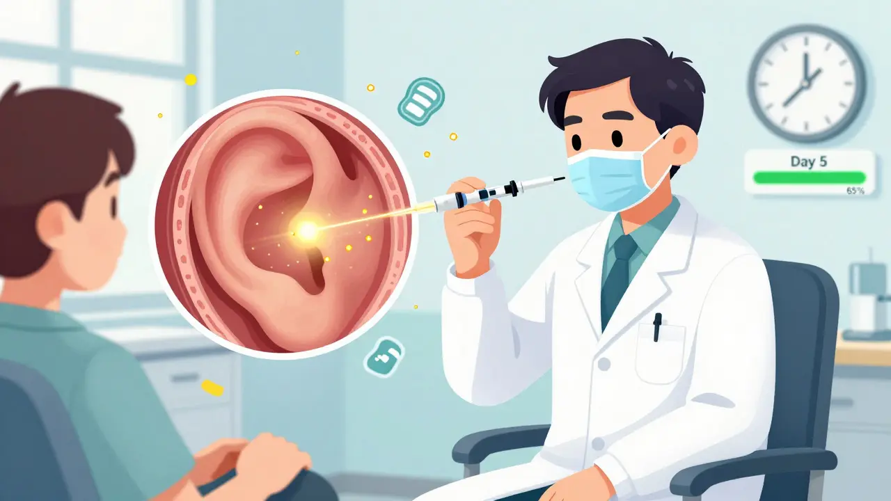 A doctor injects steroids into the ear while glowing particles calm the inner ear, with a recovery progress bar.