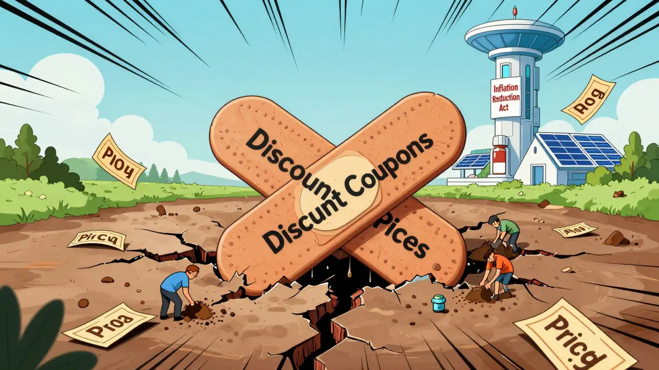 A giant band-aid labeled 'Coupons' covers a crack in the drug pricing system, while tiny figures search for discounts under a rising medical tower.