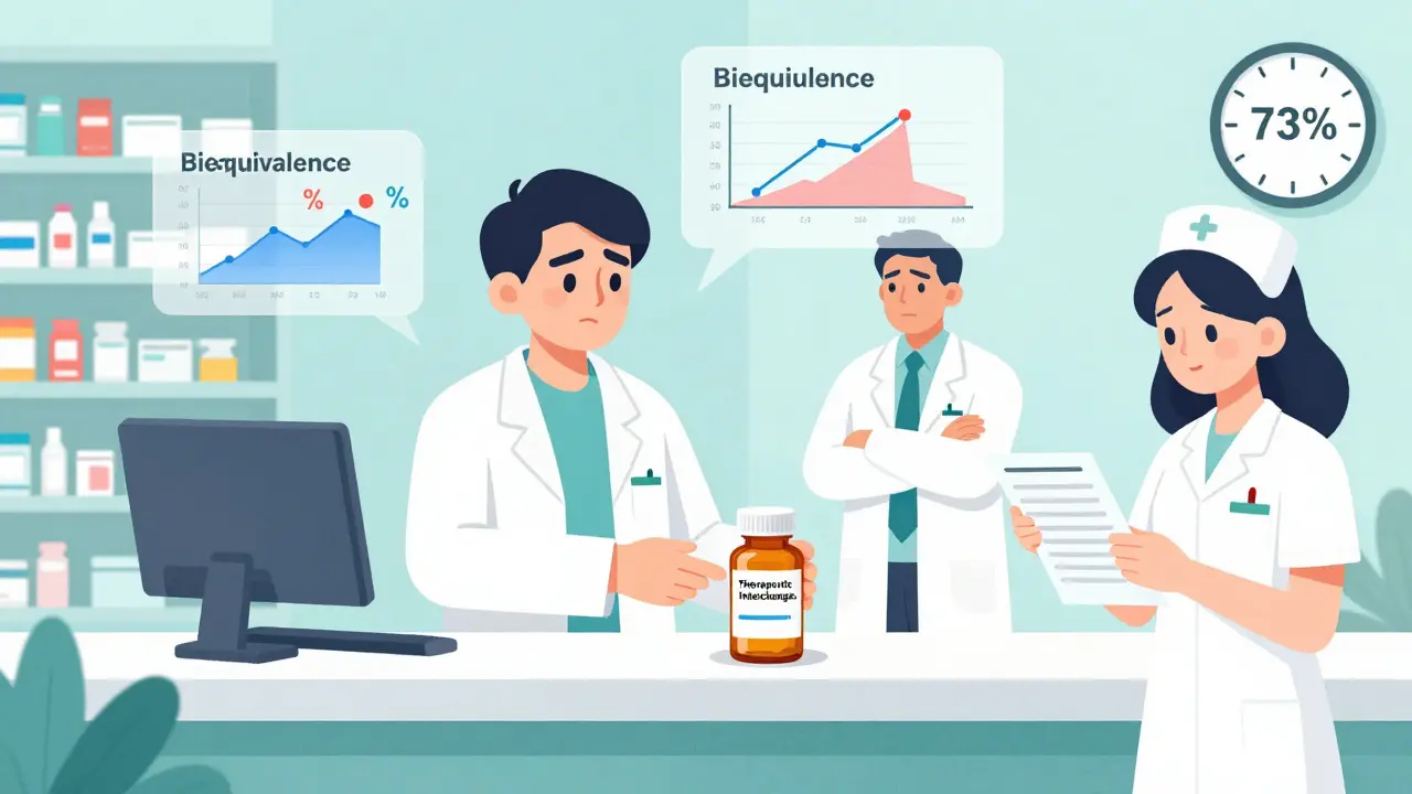 A pharmacist swapping generic medications while a doctor looks skeptical in a hospital pharmacy.