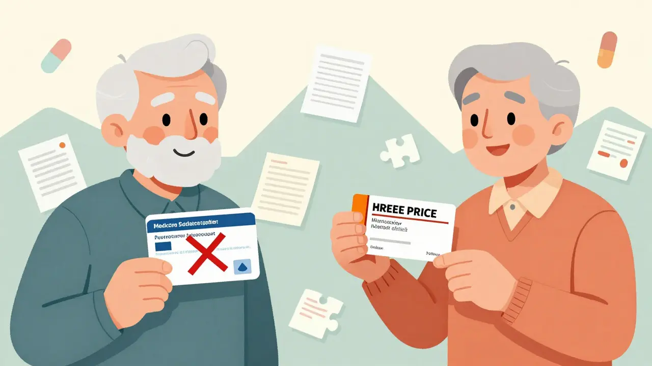 A senior citizen chooses a free clinic prescription over a denied coupon, with paperwork mountains in the background.