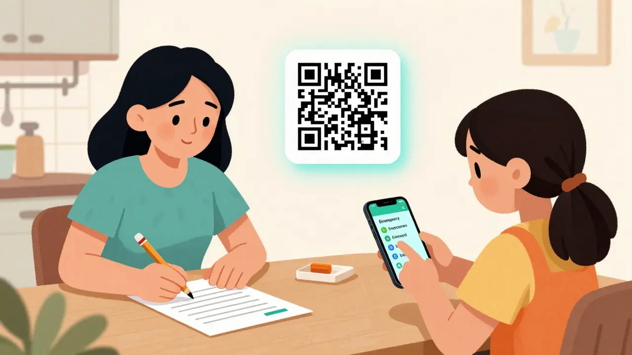 A woman updates her medication list by hand while her daughter views emergency info on a phone, with a QR code connecting both.