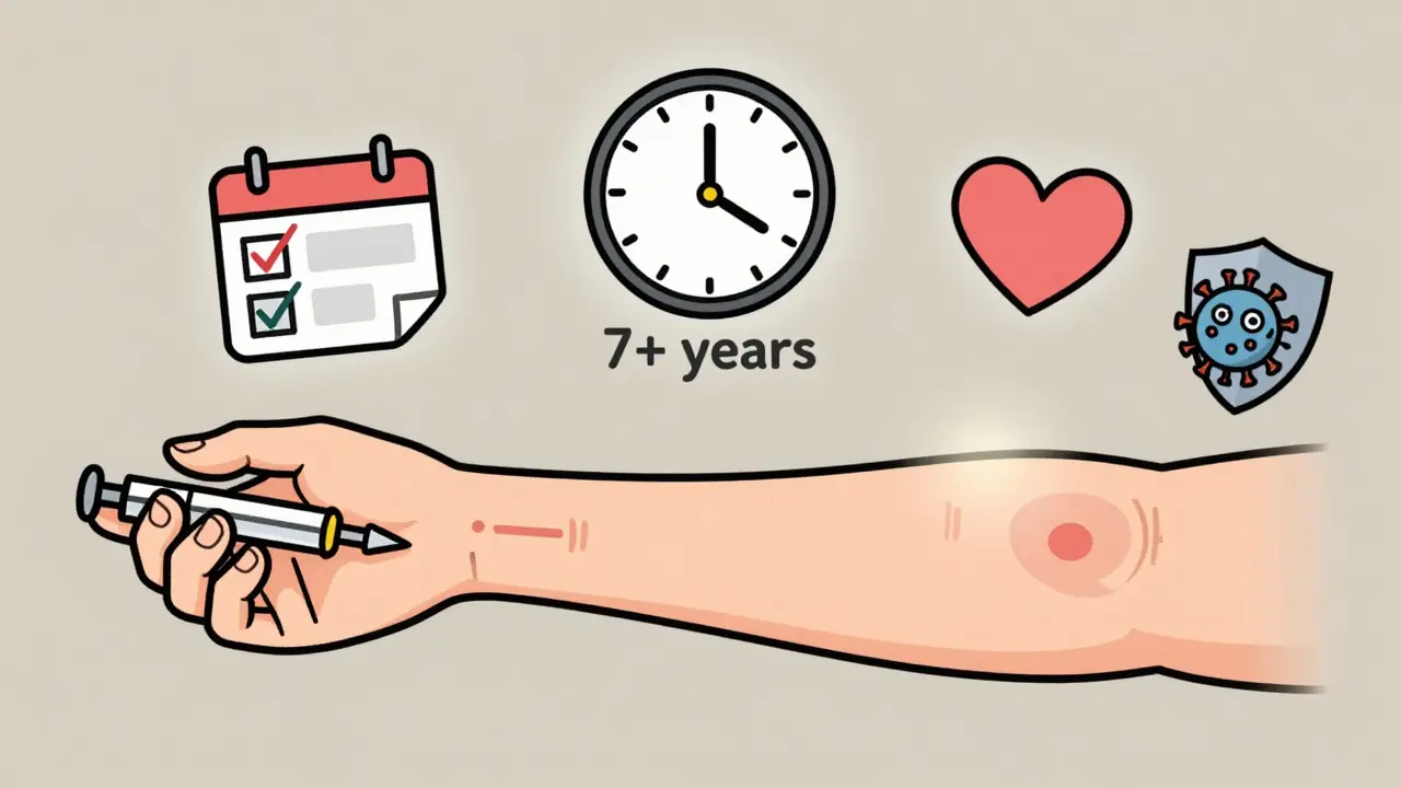 An arm with two vaccine marks and floating icons showing long-lasting immunity from Shingrix.