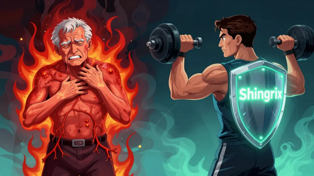 An elderly person suffering from painful shingles versus a healthy person protected by a glowing Shingrix shield.