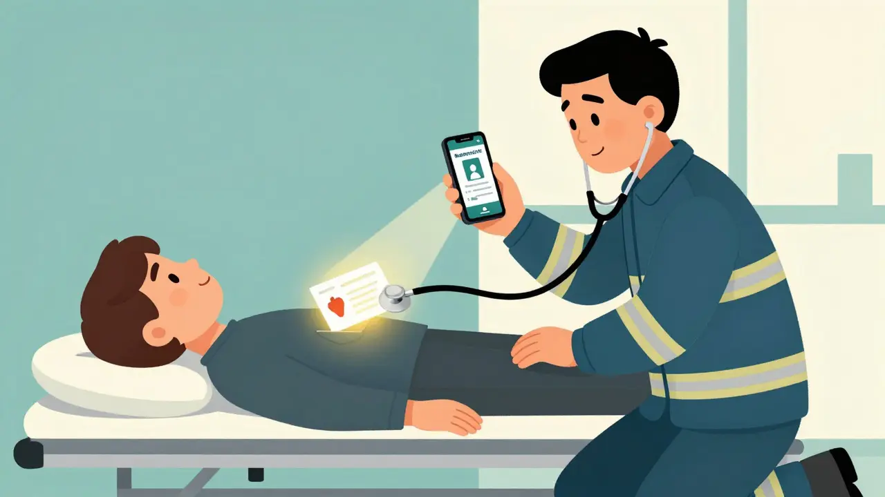 An emergency responder shows a smartphone's locked screen with Medical ID visible, while a paper card glows in the patient's pocket.