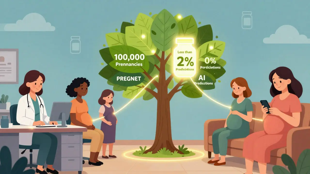 Diverse pregnant women connected to a registry tree with only one glowing leaf, symbolizing low participation rates.