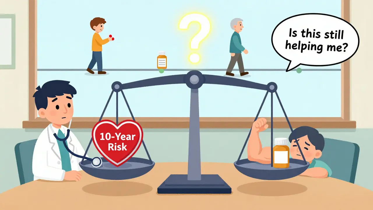 Doctor and patient balancing health risks vs. side effects of statins with a glowing question mark.