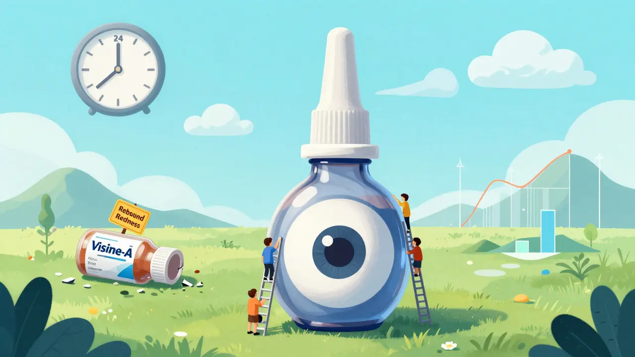 Giant Pataday eye drop bottle protecting an eye, while Visine-A lies broken in the background.