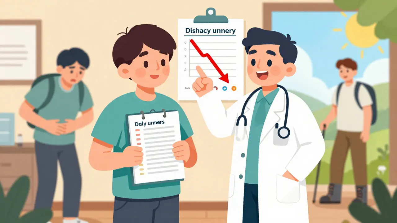 Patient and doctor reviewing symptom logs, showing improvement in GI side effects.