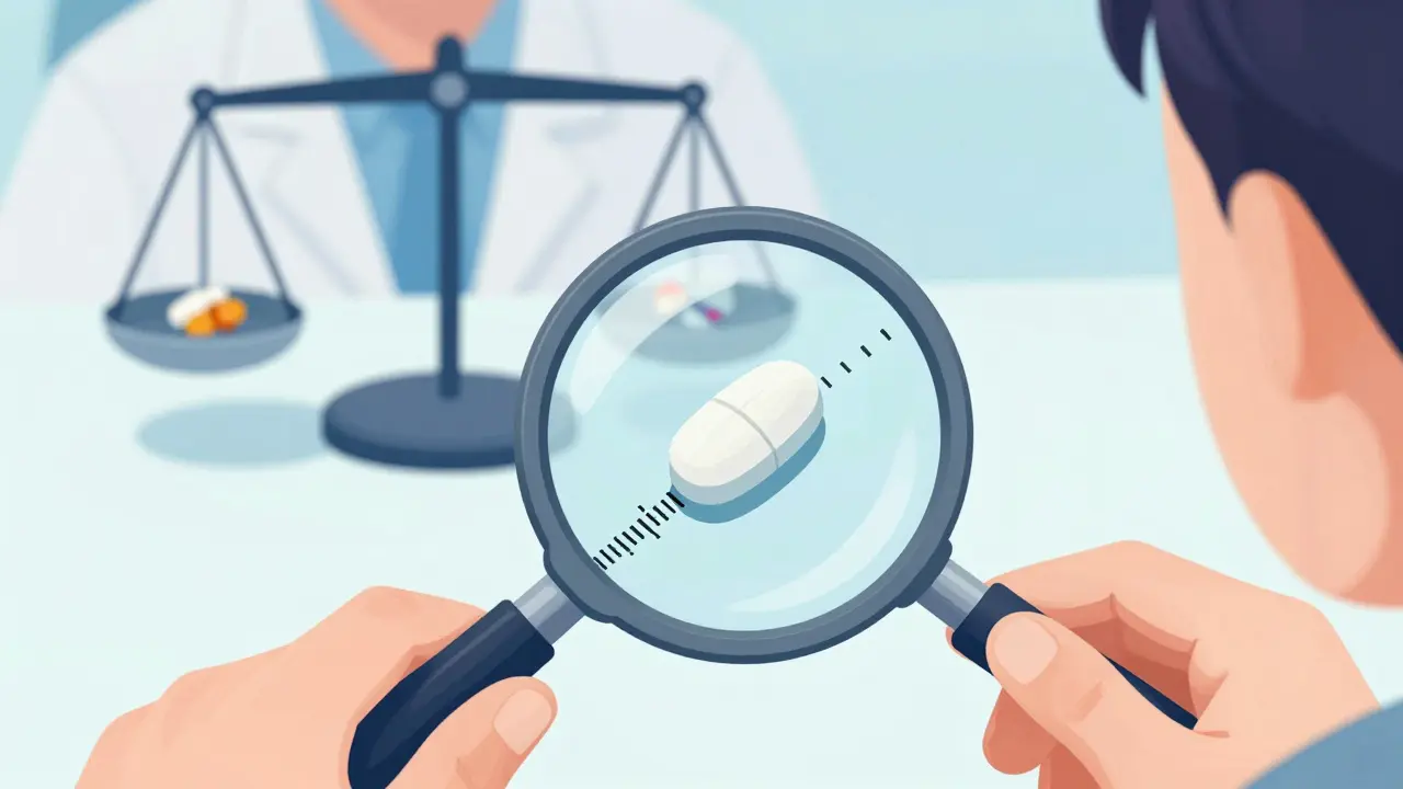 Patient taking thyroid medication with precise dosage scale and warning symbol.
