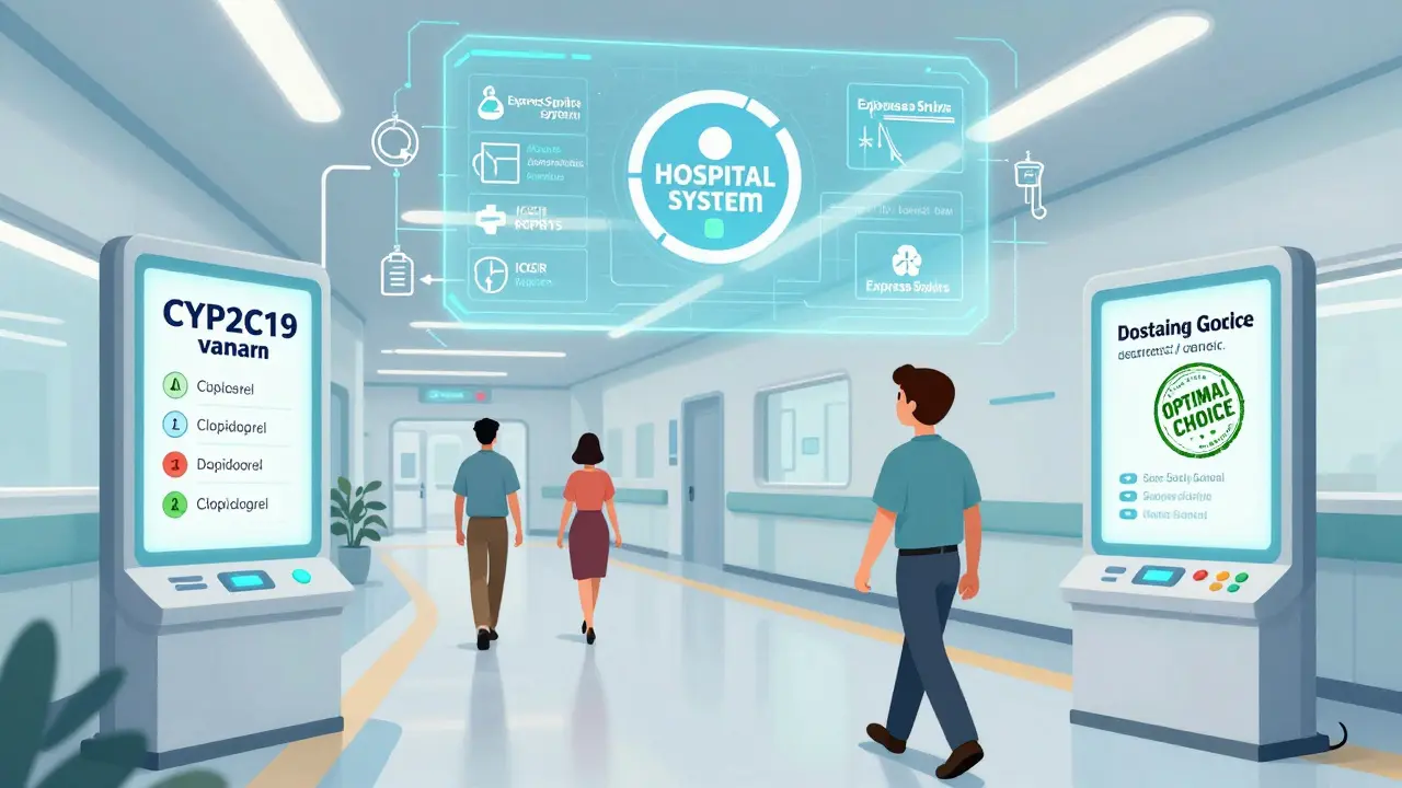 Patients seeing personalized drug recommendations via genetic kiosks in a futuristic hospital hallway.