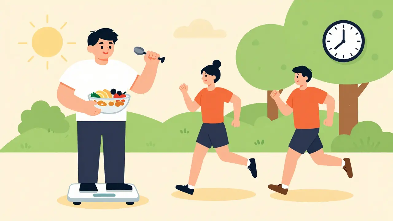 Person stepping on smart scale, eating breakfast, jogging, and limiting TV time during weight maintenance