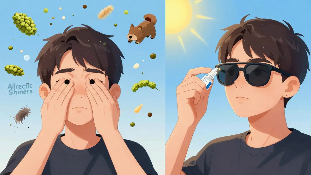 Person using eye drops and sunglasses to block allergens, with dark circles under eyes on the other side.