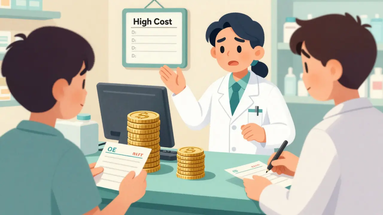 Pharmacy counter showing high cost of brand drug versus low cost generic.