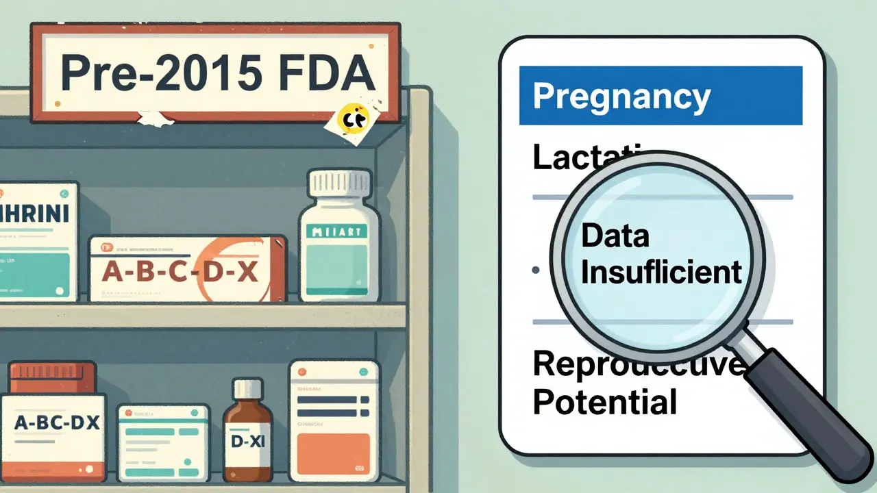 Split illustration comparing old FDA letter labels to new narrative drug labels with 'Data Insufficient' highlighted.
