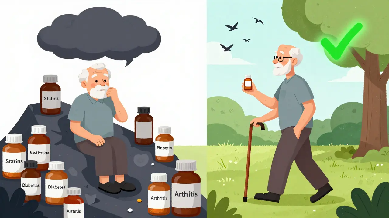 Split image: elderly man overwhelmed by pills on left, calm and walking in park with one pill on right.