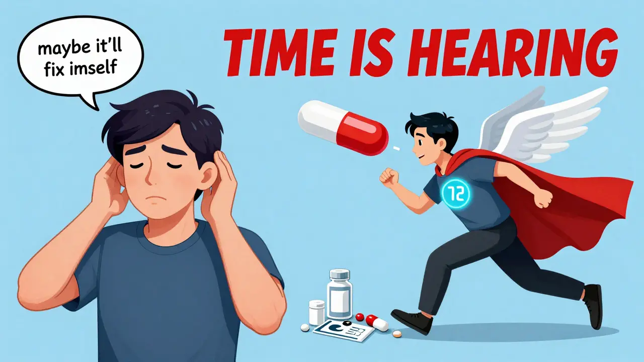 Split scene: ignoring hearing loss vs rushing for treatment, with a superhero steroid pill and 72-hour timer.