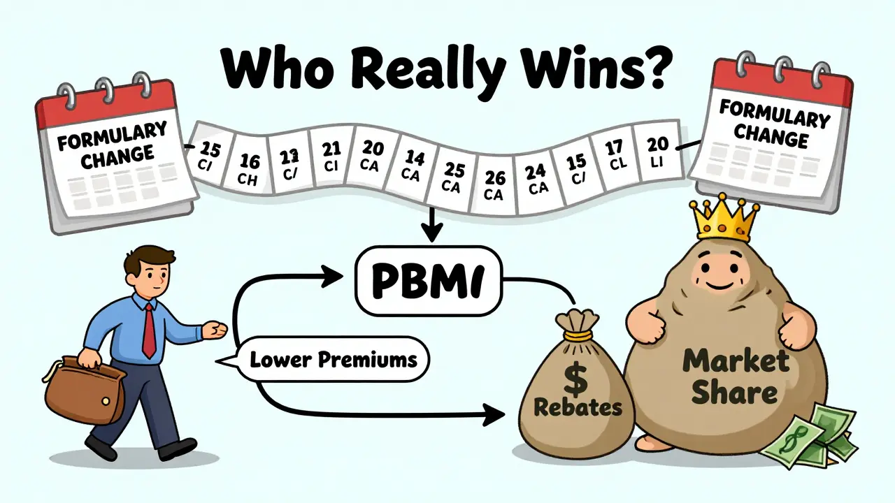 A flowchart showing how savings from generics benefit PBMs and employers but not the patient, depicted in stylized cartoon form.