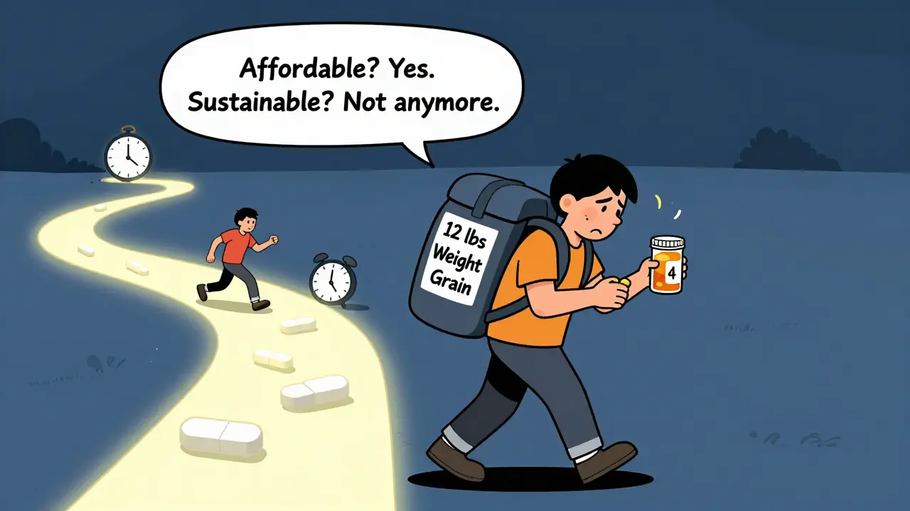 A person carrying a heavy weight backpack labeled '12 lbs gain' from cheap diabetes pills, with a path showing health alternatives.