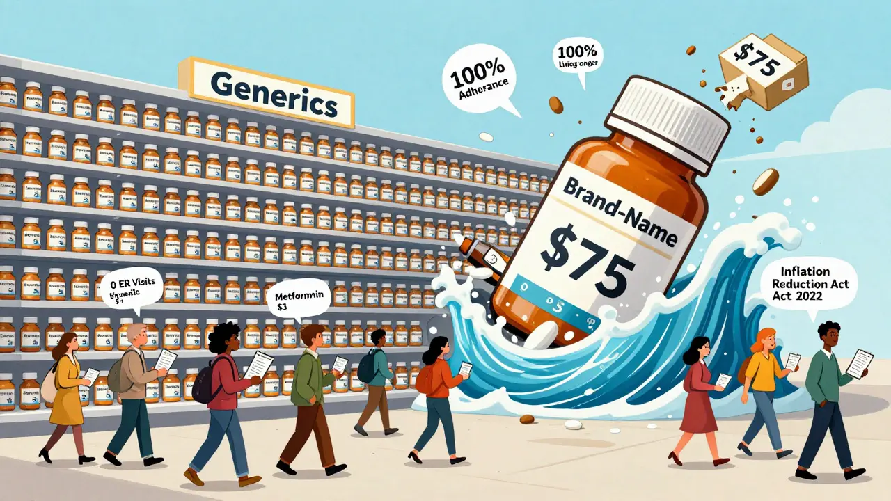 A shelf of affordable generic pills overwhelms a crumbling brand-name drug, symbolizing improved access and adherence.