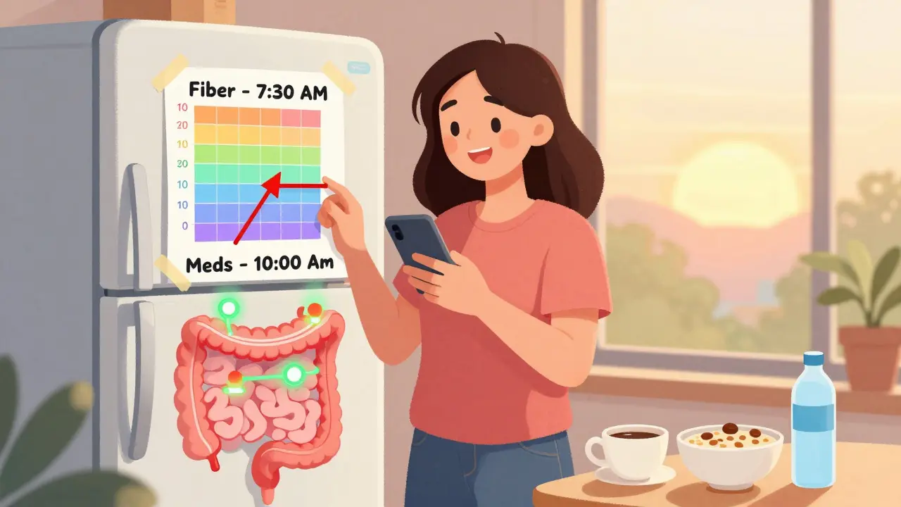 A woman sets phone alarms for fiber and meds, with a colorful chart on her fridge showing safe time intervals.