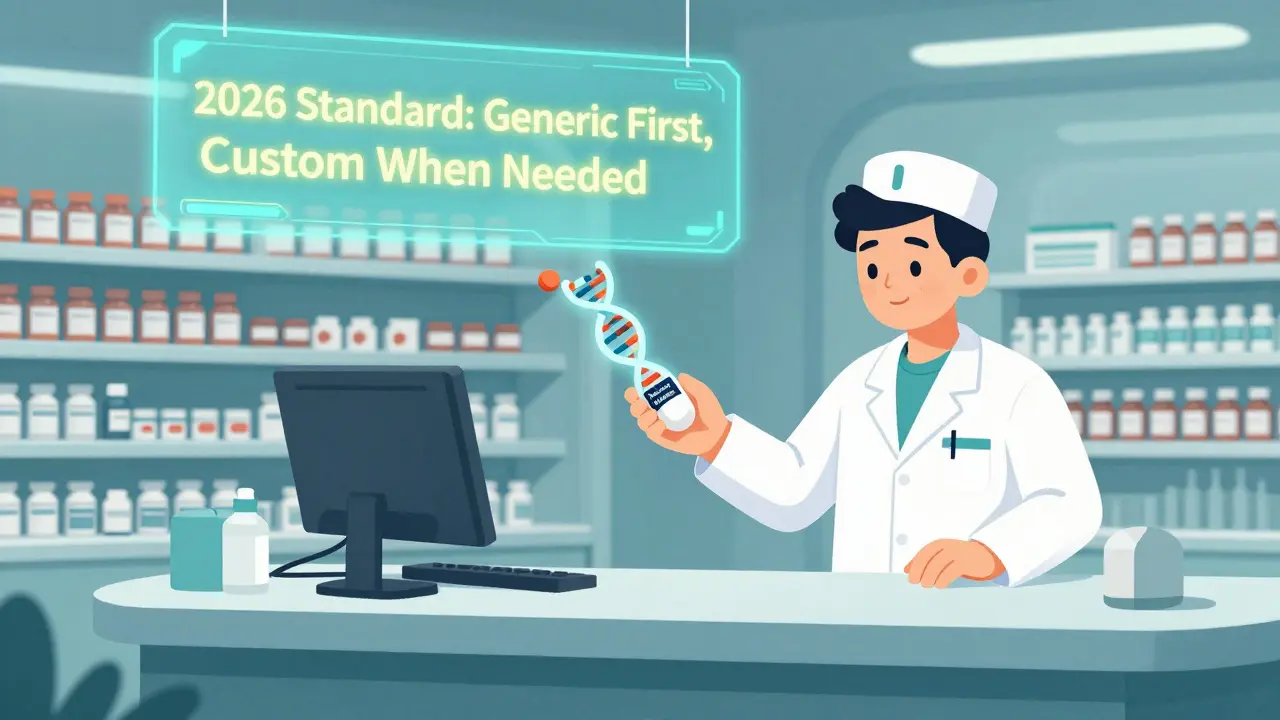 A worker receives a personalized pill based on DNA, surrounded by infinite generic drug shelves in a futuristic pharmacy.