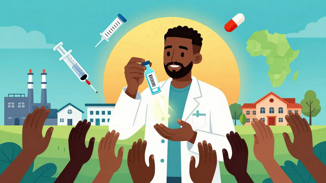 An African scientist holding a long-acting HIV injection, with icons of treatment and maps symbolizing health sovereignty across Africa.