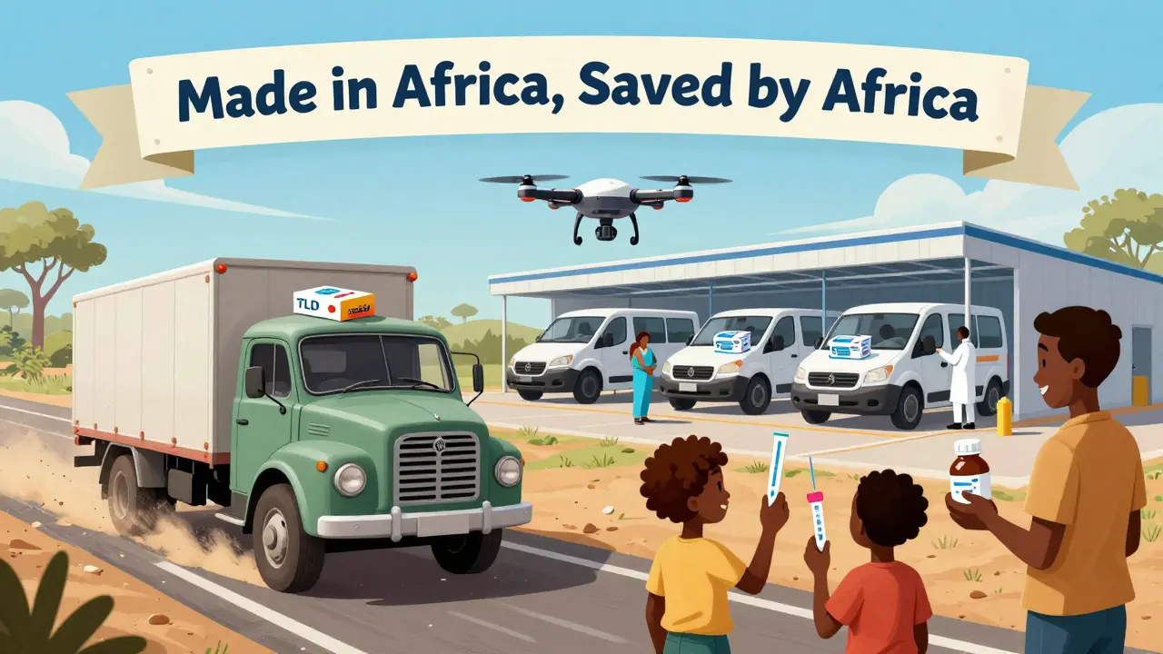 Contrast between old overseas medicine shipments and modern African-made HIV treatments reaching rural clinics.