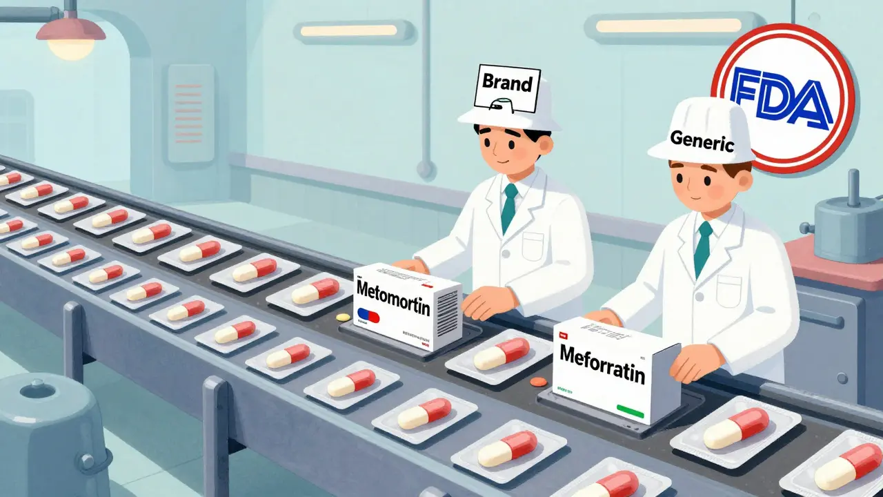 Factory conveyor with pills being packaged under two different labels, workers wearing dual hats.