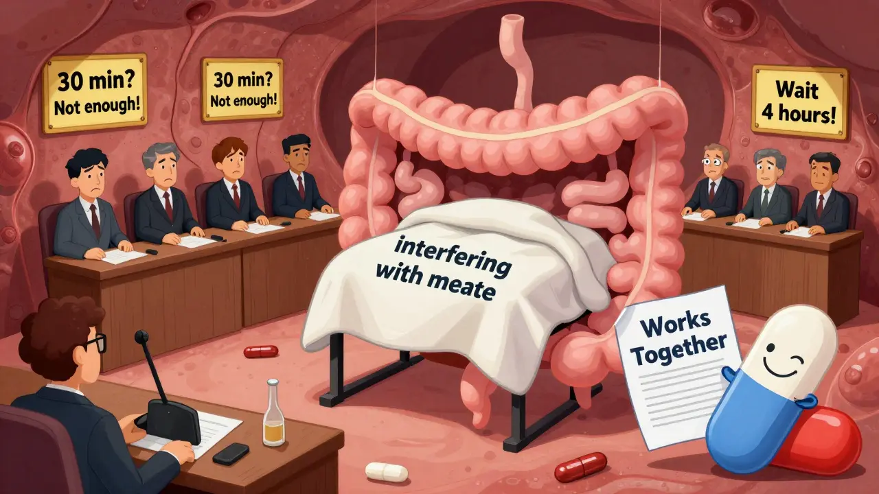 Inside a human gut, medications stand against a gel blanket in a courtroom, with a statin holding up a research paper.