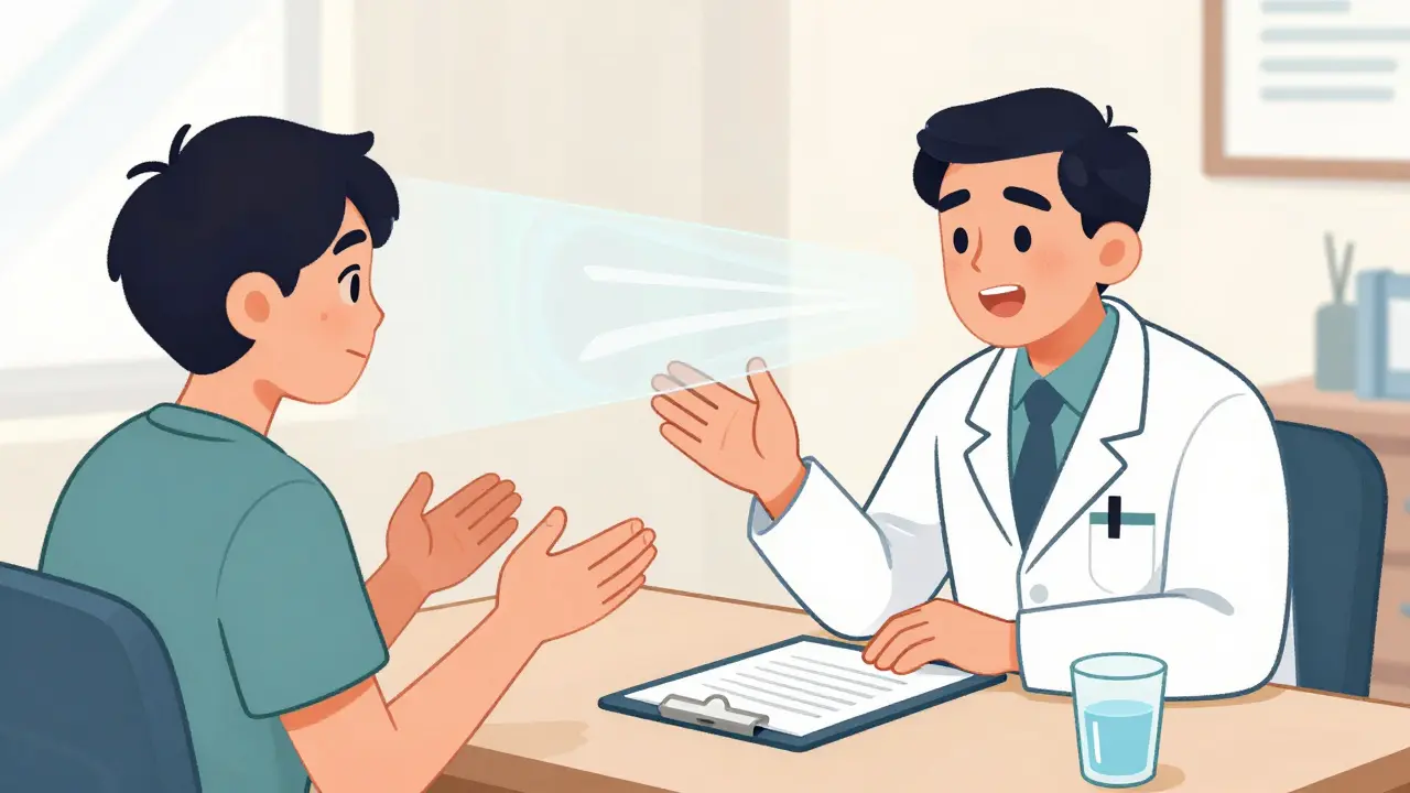 Patient demonstrating medication usage to doctor during teach-back consultation session.