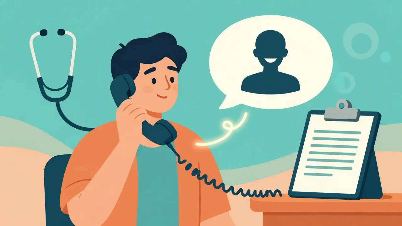 Patient using telephone headset connected to professional medical interpreter symbol.