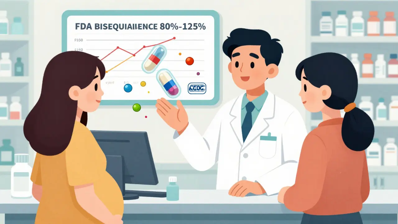 Pharmacist explaining to a pregnant patient, with transparent pills showing same active ingredients and floating excipients.