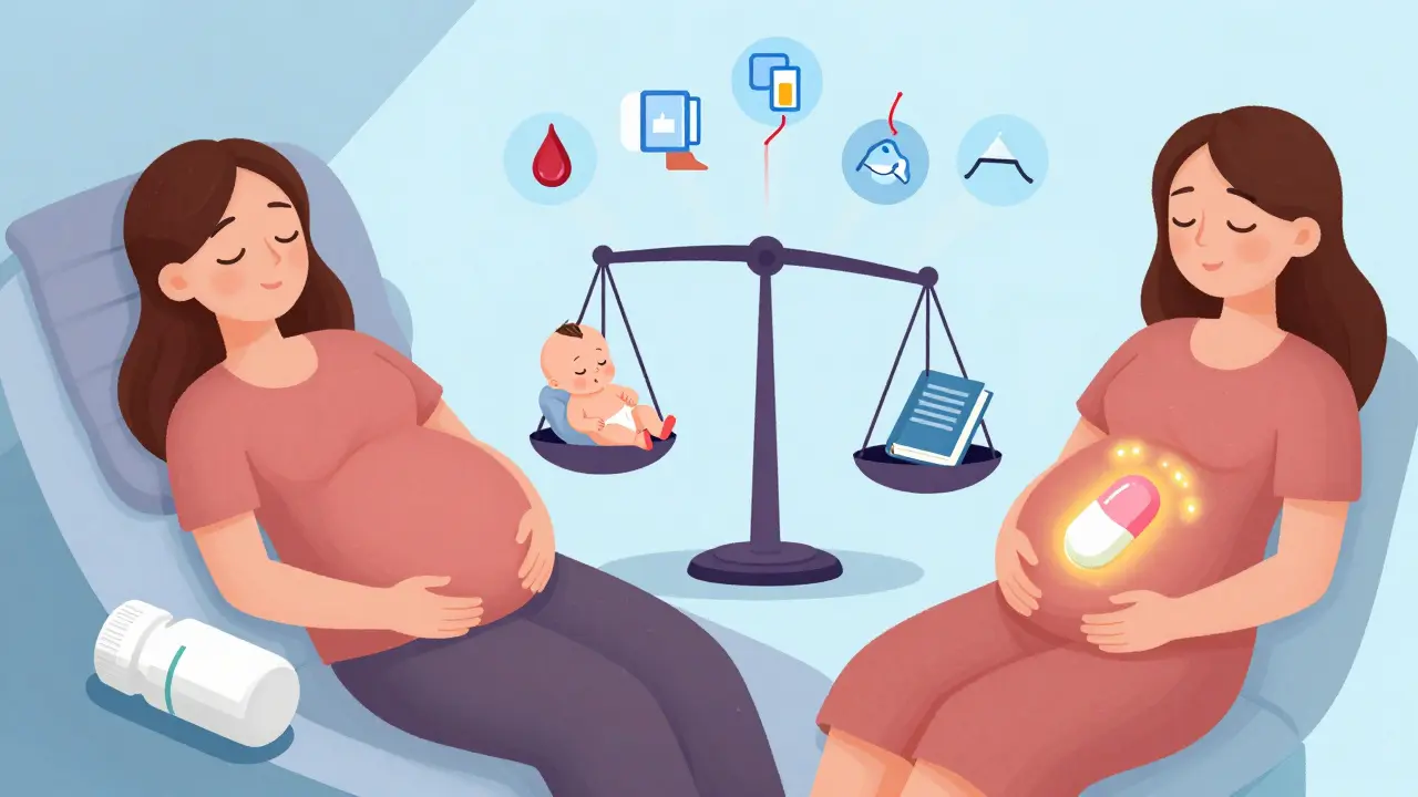 Split scene showing identical thyroid function in pregnant woman using generic or brand-name levothyroxine.