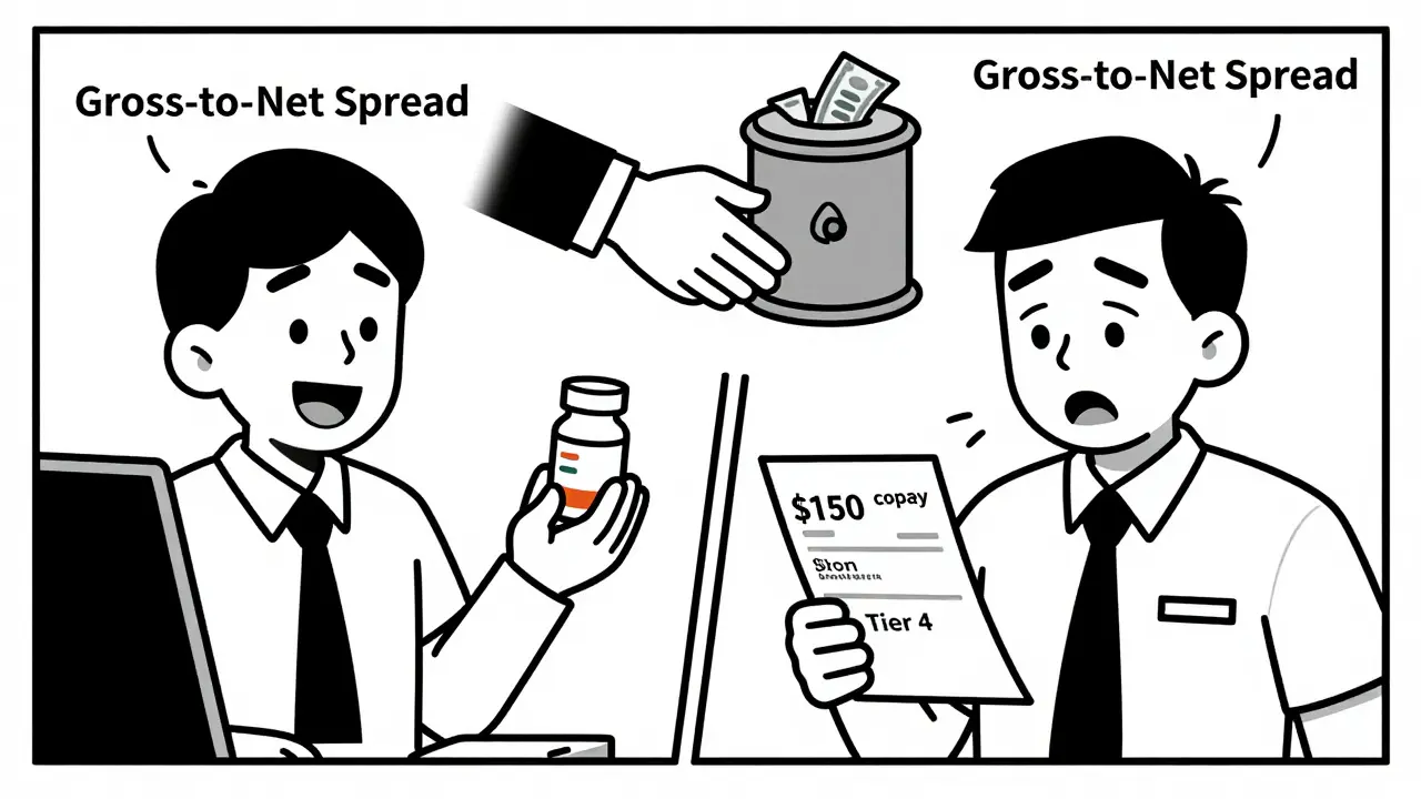 Two employees react differently to prescription costs: one happy with a low copay, the other shocked by a high one, in cartoon illustration style.