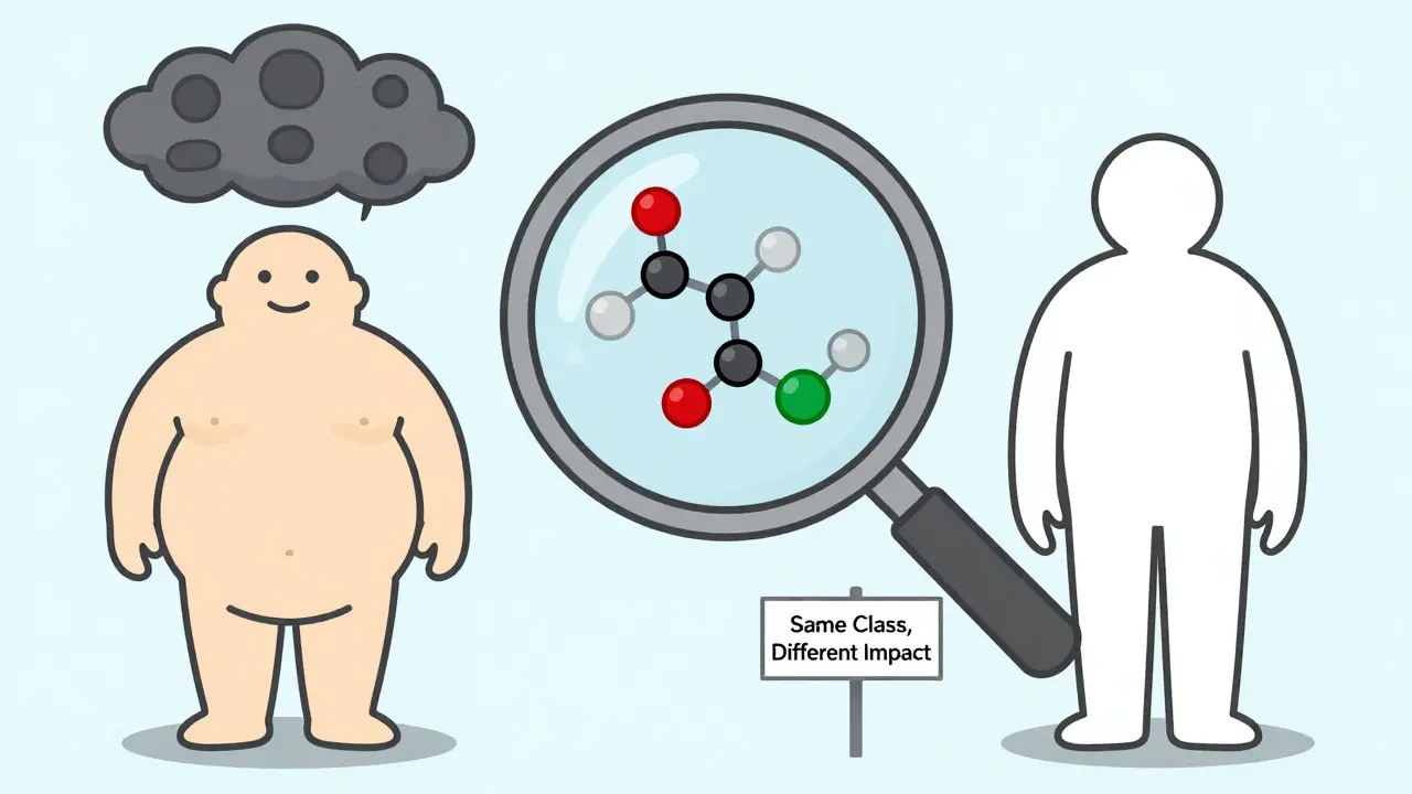 Two patients side by side: one gaining weight from glimepiride, the other neutral on gliclazide, with molecular visuals between them.