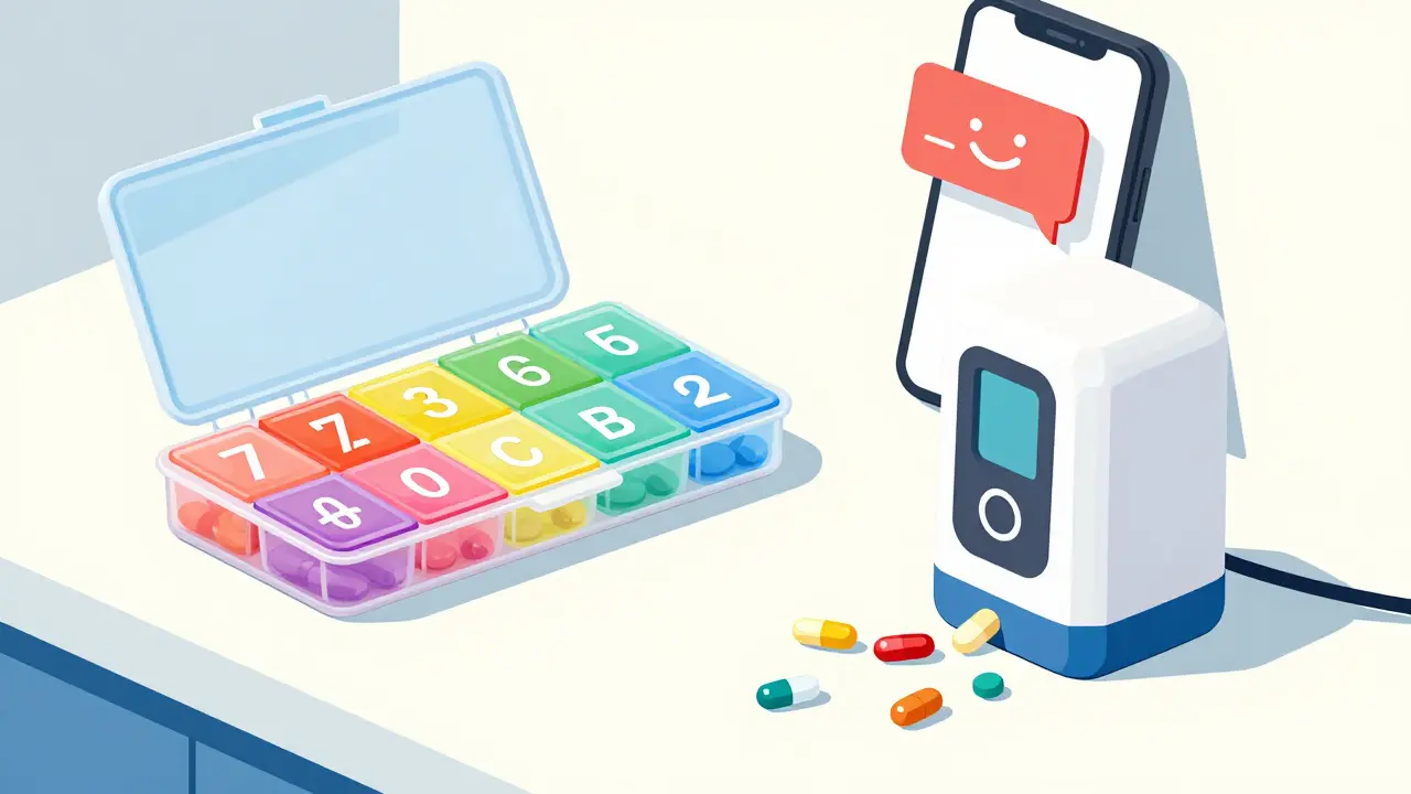 A collection of pill organizers and an electronic dispenser on a bright counter.