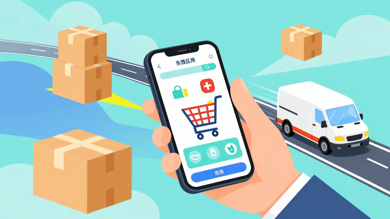 A hand using a smartphone to buy pharmacy products online