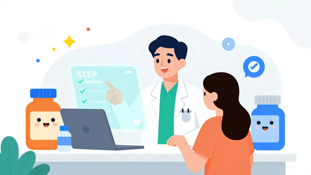 A pharmacist showing a parent a safety database for pediatric-safe medications.