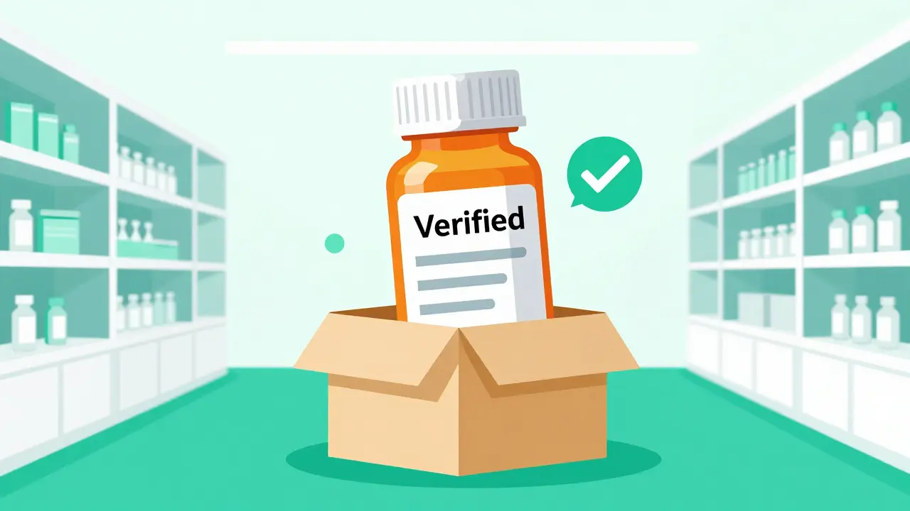 A prescription medication bottle being safely packed for shipping in a pharmacy.