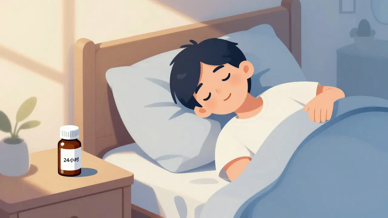 A refreshed person waking up in a sunny bedroom