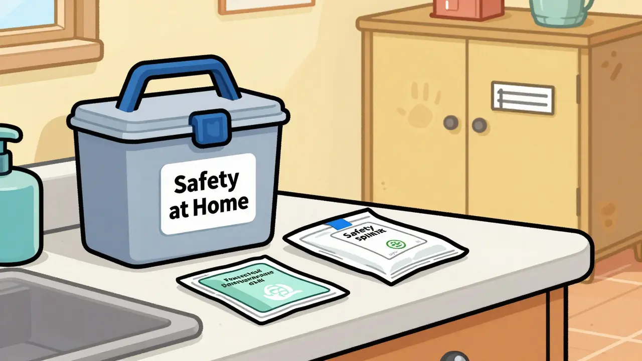 Chemotherapy home safety toolkit including a spill kit and hazardous waste container.