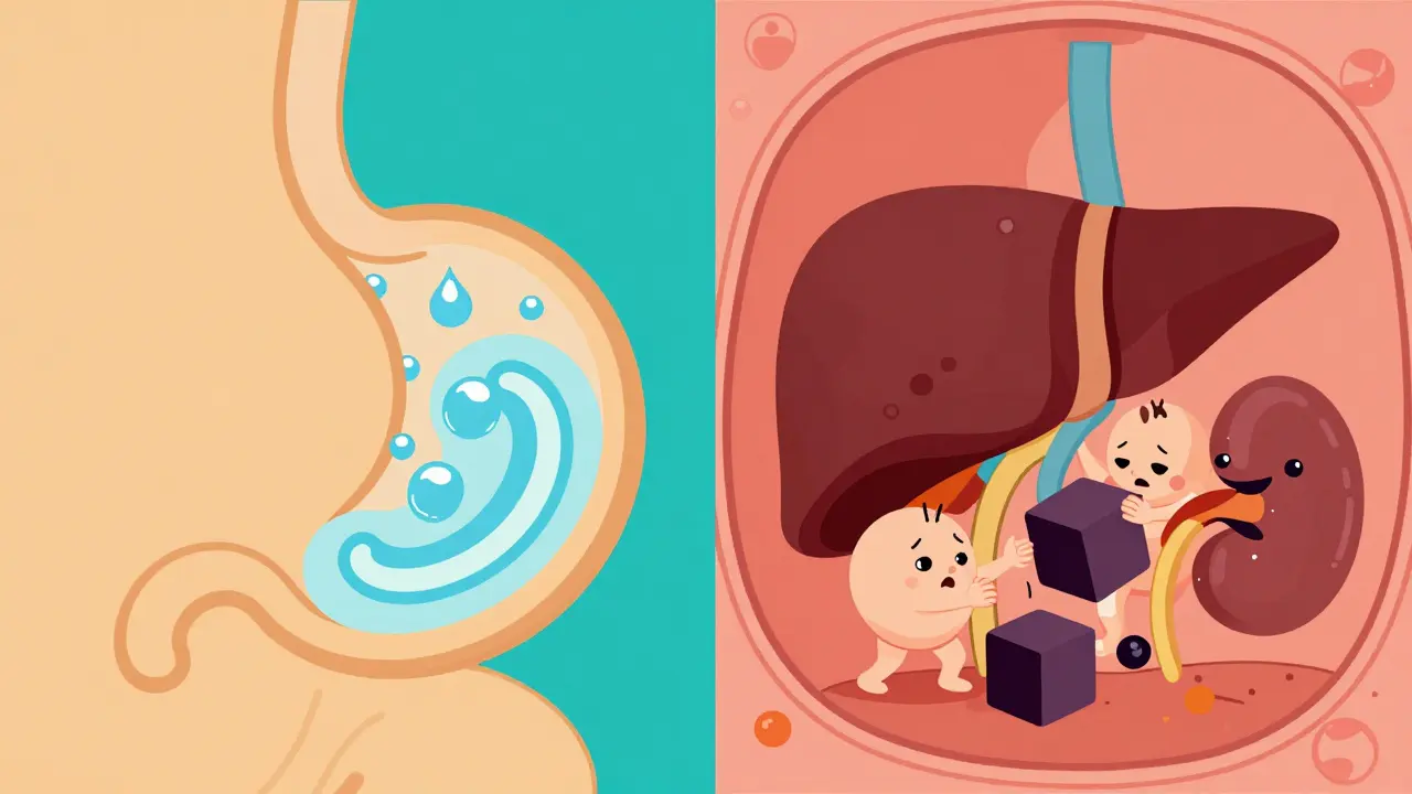 Illustration showing the effect of sorbitol in the gut and toxins affecting a baby's liver and kidneys.
