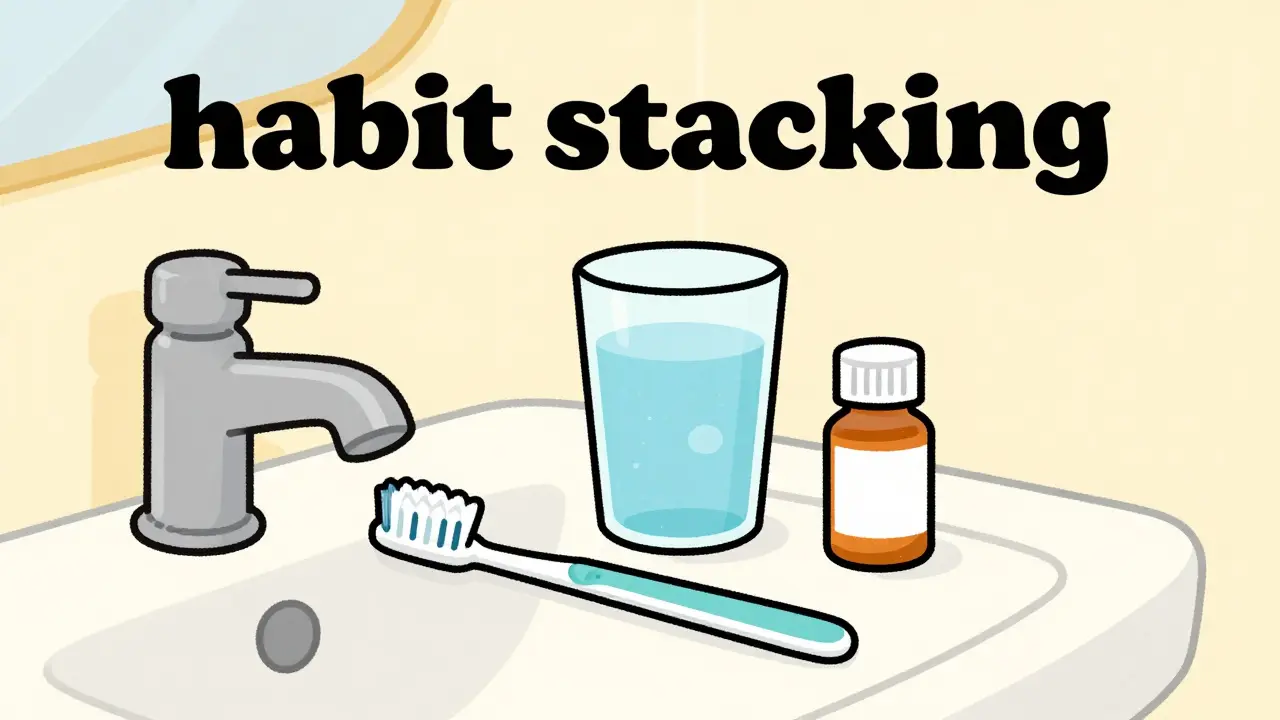 Medication bottle placed next to a toothbrush and water glass for habit stacking.