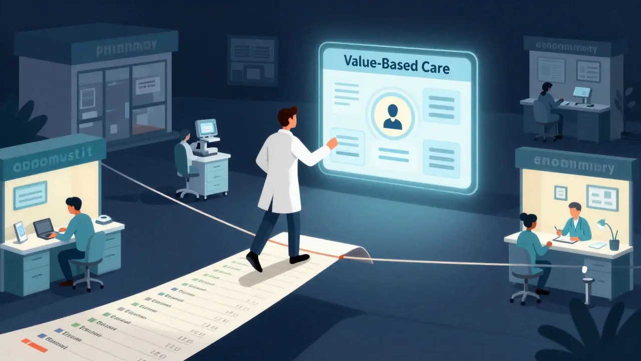 Pharmacist moving from a financial tightrope toward a bright value-based care portal.