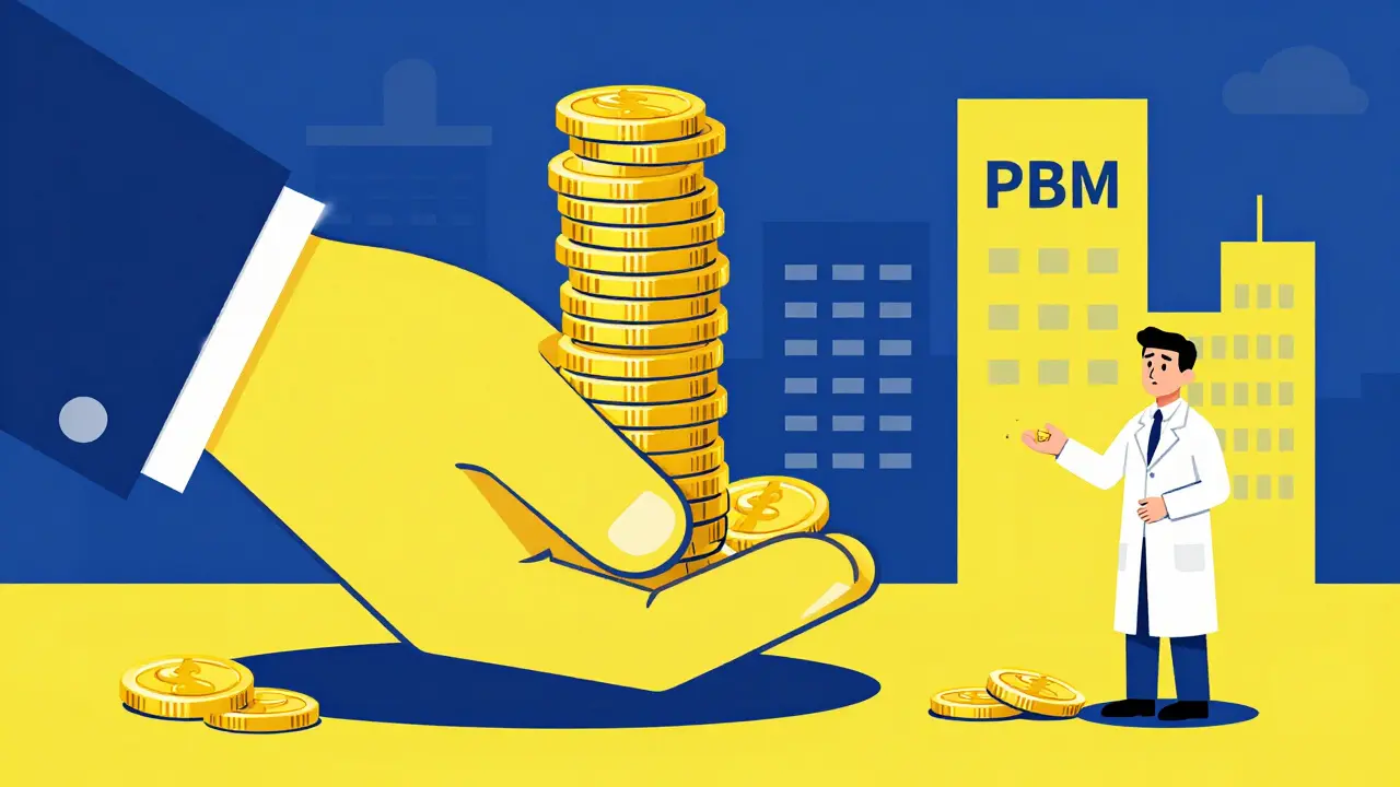 Stylized illustration of a PBM taking a large share of coins from a pharmacist.